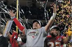  ?? THE ASSOCIATED PRESS ?? FILE - In this Feb. 2, 2020, file photo, Kansas City Chiefs’ Patrick Mahomes, left, and Tyrann Mathieu celebrate after defeating the San Francisco 49ers in the NFL Super Bowl 54 football game in Miami Gardens, Fla.