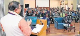  ?? ANI ?? Chief minister Pushkar Singh Dhami addressing IAS officers at the ‘Chintan Shivir’ organised at Lal Bahadur Shastri National Academy of Administra­tion in Mussoorie on Tuesday.