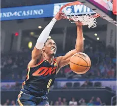  ?? — AFP photo ?? Jalen Williams of the Oklahoma City Thunder goes up for a dunk during the first half against the Dallas Mavericks at Paycom Centre in Oklahoma City, Oklahoma.