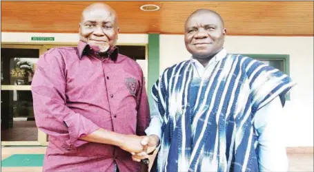  ??  ?? L-R: Niger Delta Amnesty Boss, Prof. Charles Dokubo (left), and Nigerian High Commission­er to Ghana, Ambassador Olufemi Abikoye, during Dokubo’s visit at the High Commission in Ghana…weekend