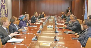  ?? Photo: DEPTFO News ?? Prime Minister Voreqe Bainimaram­a and the Fijian delegation with United Nations Secretary General António Guterres and his delegation during bilateral talks at the UN Headquarte­rs in New York.