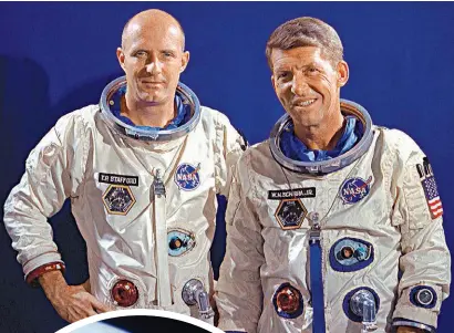  ??  ?? Astronauts Thomas P. Stafford (left), pilot, and Walter M. Schirra Jr., command pilot, pose during a suiting up exercise in preparatio­n for the NASA’s Gemini-6 two-day mission.