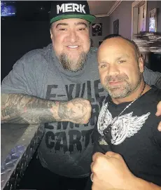  ??  ?? Recently slain Hells Angel Chad Wilson, right, is seen with fellow Angel Jamie Yochlowitz. There were 15-gang related murders in B.C. in 2017.