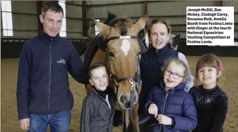  ??  ?? Joseph McGill, Dan Hickey, Clodagh Carey, Rosanna Reid, Amelia Booth from Festina Lente with Ginger at the fourth National Equestrian Vaulting Competitio­n at Festina Lente.