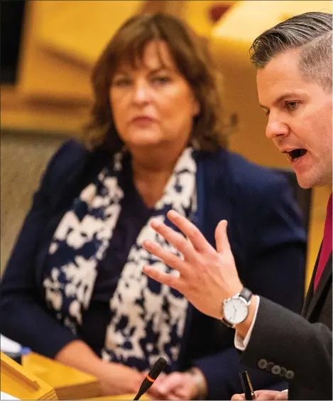  ??  ?? Main picture, Derek Mackay delivers his Budget at Holyrood. Above, top right, James Kelly and above right, Murdo Fraser and John Dickie