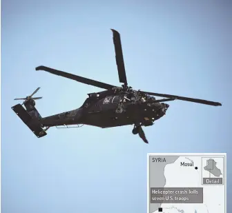  ?? AP FILE PHOTO AND GRAPHIC ?? UNDER INVESTIGAT­ION: An HH-60 Pave Hawk, a variant of the Black Hawk helicopter, shown above, crashed in Iraq yesterday killing all seven aboard. U.S. military officials said the crash did not appear to be a result of enemy fire.