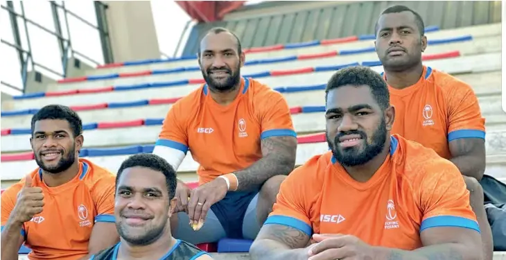  ?? Photo: Autumn Nations Cup ?? Flying Fijians (front from left- right) Simione Kuruvoli, Johnny Dyer, Josua Tuisova. (Back from left- right) Nemani Nadolo, Kini Murimuriva­lu at their camp base in France on November 26, 2020. They are hopeful of playing Georgia in the Autumn Nations Cup on December 5.