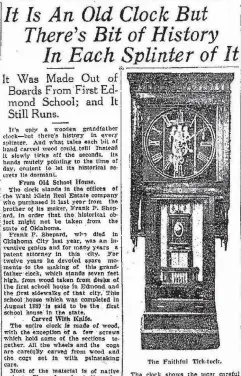  ?? ARCHIVE IMAGE] [OKLAHOMAN ?? Twenty-four years after the first Oklahoma public school was sold, an article in The Oklahoman told how maple from the school desks and walnut from the downtown sidewalks were used to create a special clock.