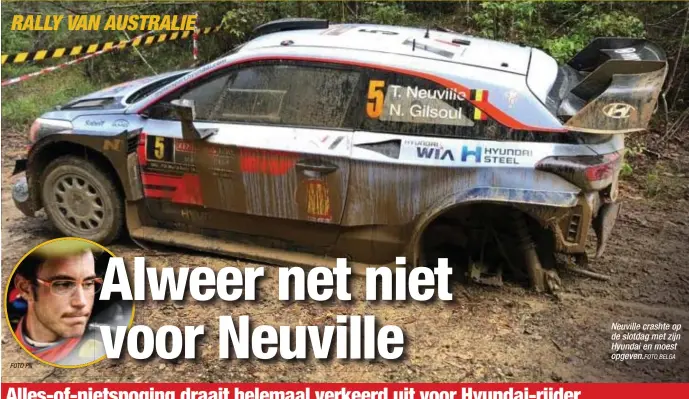  ?? FOTO PN
BELGA ?? Neuville crashte op de slotdag met zijn Hyundai en moest opgeven.FOTO