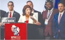  ?? EBONY COX/MILWAUKEE JOURNAL-SENTINEL VIA AP ?? Gubernator­ial candidate and former Lt. Gov. Rebecca Kleefisch addresses the audience Saturday during the Republican State Convention in Middleton, Wis.