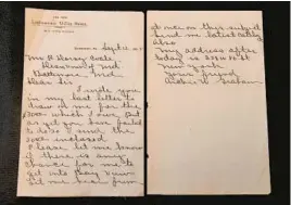  ?? BARBARA HADDOCK TAYLOR/BALTIMORE SUN ?? This is one of several letters from and about profession­al baseball player and physician Archibald “Moonlight” Graham that were found at the University of Maryland School of Medicine.