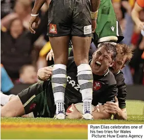  ?? ?? Ryan Elias celebrates one of his two tries for Wales
Picture: Huw Evans Agency