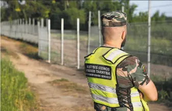  ?? Paulius Peleckis / Getty Images ?? A Lithuanian border guard patrols June 21 along the border with Belarus. Lithuania has accused Belarus of opening the doors for migrants to cross their shared 420mile border.