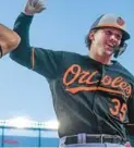  ?? KARL MERTON FERRON/STAFF ?? Orioles designated hitter Adley Rutschman celebrates his home run against the Astros during a game Aug. 9. at Oriole Park at Camden Yards.