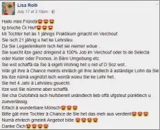  ??  ?? Die Resonanz auf Lisa Rollis Facebook-Post war gewaltig.