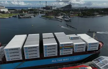  ?? — AFP photo ?? Aerial view shows containers piled on the world’s first methanol-enabled container vessel called ‘Laura Maersk’ after its namegiving ceremony in Copenhagen, Denmark.