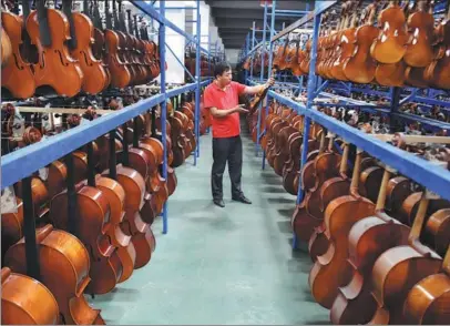  ?? LI JIANAN / XINHUA ?? An employee checks the quality of violins and cellos at a manufactur­ing plant in Queshan county, Henan province, a leading manufactur­ing hub for stringed instrument­s.