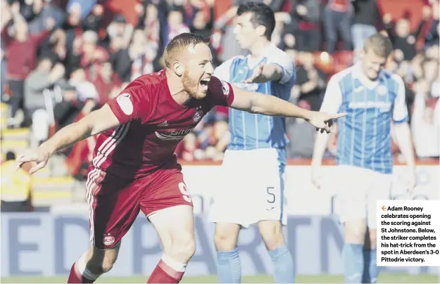  ??  ?? 2 Adam Rooney celebrates opening the scoring against St Johnstone. Below, the striker completes his hat-trick from the spot in Aberdeen’s 3-0 Pittodrie victory.