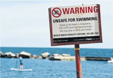  ?? JIM RANKIN/TORONTO STAR ?? The waters off five Toronto beaches, including Sunnyside Beach, were deemed unsafe for swimming Friday after testing above acceptable limits for E. coli following heavy rains this past week.