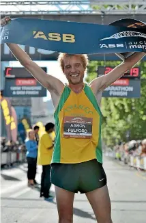  ??  ?? Aaron Pulford is the likely favourite for the Christchur­ch half marathon on Sunday. He is pictured after winning the 2015 Auckland marathon.