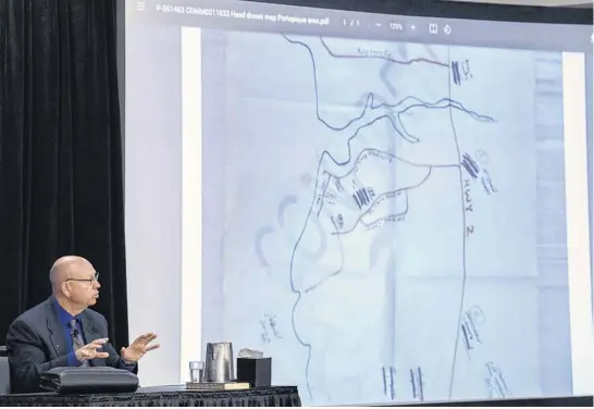  ?? ANDREW VAUGHAN ■ CP / POOL ?? Retired RCMP Staff. Sgt. Steve Halliday talks about a hand-drawn map as he provides testimony about the RCMP’S command post, operationa­l communicat­ions centre and command decisions at the Mass Casualty Commission inquiry on Tuesday.