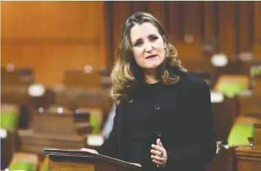  ?? SEAN KILPATRICK / THE CANADIAN PRESS ?? Finance Minister Chrystia Freeland would do well to follow her mandate to `avoid creating permanent new spending.'