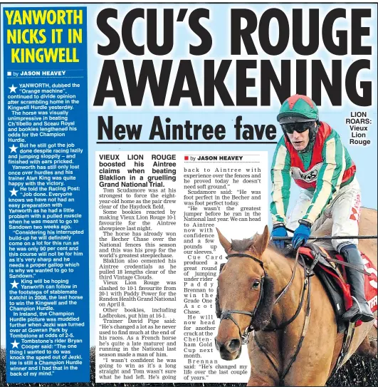  ??  ?? VIEUX LION ROUGE boosted his Aintree claims when beating Blaklion in a gruelling Grand National Trial. LION ROARS: Vieux Lion Rouge