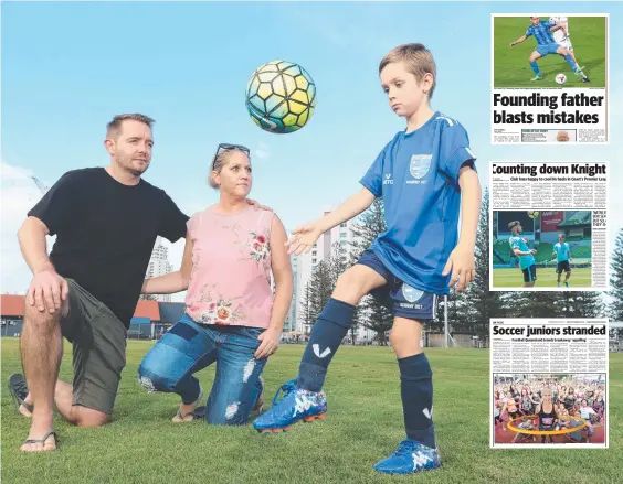  ?? Picture: RICHARD GOSLING ?? Parents Danny and Lindsay Walker with their son Harry Walker, 8, who is among the growing number of junior soccer players who has been impacted by junior fess in the code. And (right) how the Bulletin has been covering the topic since the shake-up to...