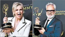  ?? AMY SUSSMAN/GETTY PHOTOS ?? Jane Lynch, left, and Bradley Whitford pose with their Emmys for outstandin­g guest performanc­es.