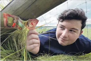  ?? PHOTO: STEPHEN JAQUIERY ?? Money for nothing . . . Louis Gray (17) shows where he found some hidden cash pinned to a post beside Kettle Park, Dunedin.