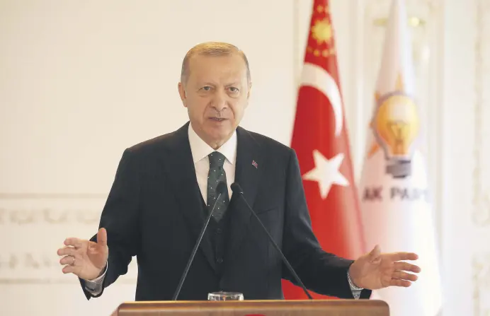  ??  ?? President Recep Tayyip Erdoğan speaks via videoconfe­rence to ruling Justice and Developmen­t Party (AK Party) members from the Vahdettin Pavilion, Istanbul, Turkey, Nov. 22, 2020.