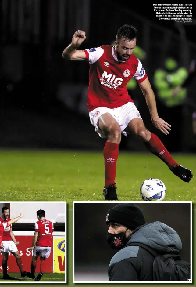  ??  ?? Dundalk’s Chris Shields closes down former teammate Robbie Benson at Richmond Park on Sunday evening. Below left, Benson celebrates his equalising goal and (right) Filippo Giovagnoli watches the action. Sean Murray of Dundalk battles against Eirik Hestad of Molde FK during the UEFA Europa League Group B match at Tallaght Stadium in Dublin.