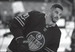  ?? NHAT V. MEYER/BAY AREA NEWS GROUP ?? The Oilers’ Evander Kane (91) skates on the ice during warmups before their game against the San Jose Sharks in San Jose on Feb. 14.