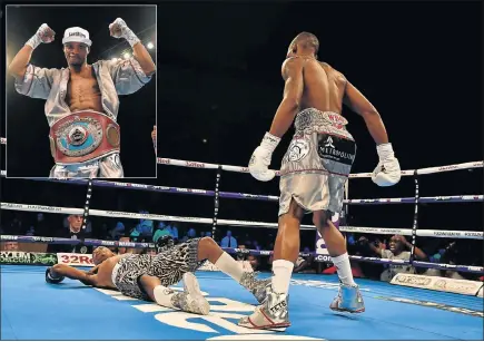  ?? Picture: GETTY IMAGES/CHARLES MCQUILLAN ?? OUT COLD: Siboniso Gonya lies on the canvas after being knocked out by Zolani Tete in record time in their WBO Bantamweig­ht Championsh­ip title fight in Belfast, Northern Ireland, on Saturday night