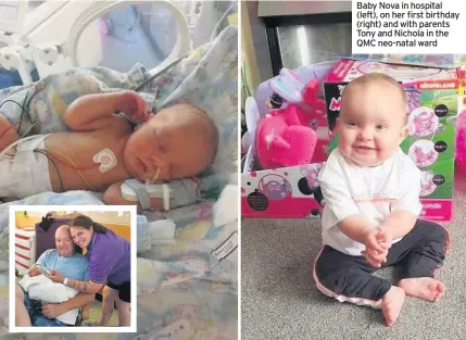  ??  ?? Baby Nova in hospital (left), on her first birthday (right) and with parents Tony and Nichola in the QMC neo-natal ward