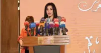  ??  ?? President of the Union of Arab Media Women Asmaa’ Habashi addresses the audience.