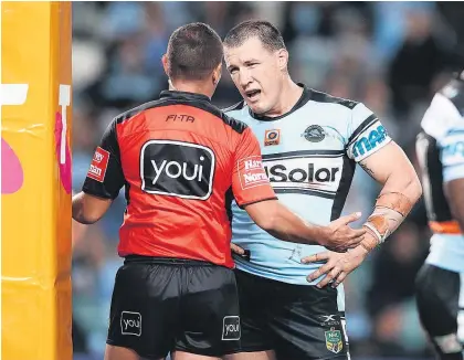  ?? Picture / Getty Images ?? Sharks skipper Paul Gallen was unhappy with a late penalty call that went against him last night.