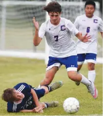  ??  ?? Cleveland’s Tommy Marino (7) collides with a Cookeville player.