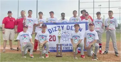  ?? (Submitted photo) ?? The Choctaw County 13-year-old Chargers won the Dizzy Dean state championsh­ip earlier this week at the state tournament in Horn Lake. Pictured are coaches and team members. The members of the team are Kole Vowell, Logan Perkins, Trace Beard, Chase...