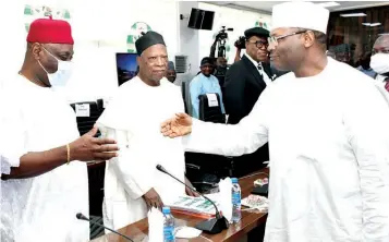  ?? ?? Chairman, Independen­t National Electoral Commission ( INEC), Prof. Mahmood Yakubu ( right); National Chairman, All Progressiv­es Congress ( APC), Senator Abdullahi Adamu and his All Progressiv­es Grand Alliance ( APGA) counterpar­t, Dr. Victor Oye, during the quarterly consultati­ve meeting with political parties at INEC headquarte­rs, Abuja… yesterday.