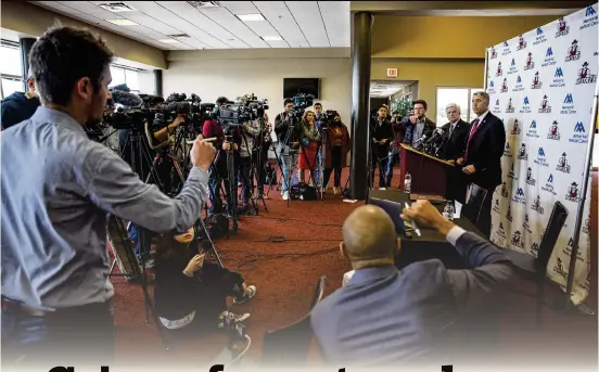  ?? MEG POTTER/THE LAS CRUCES SUN NEWS VIA AP ?? TOP: New Mexico State Chancellor Dan Arvizu (second from right) and Athletic Director Mario Moccia answer questions about hazing allegation­s against the men’s basketball team at a news conference Feb. 14. The Aggies subsequent­ly suspended the program for the season.