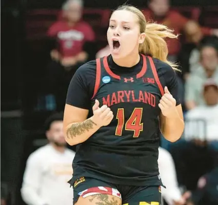  ?? THEARON W. HENDERSON/GETTY ?? Maryland’s Allie Kubek reacts after making a three-point shot against Iowa State during the first half at Stanford Maples Pavilion in Stanford, California, on Friday.