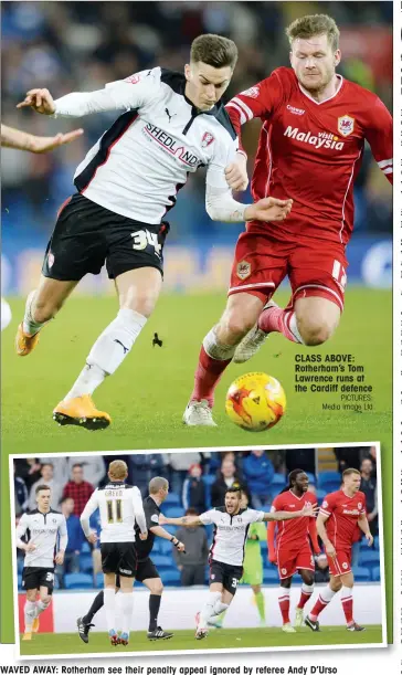  ?? PICTURES: Media Image Ltd ?? CLASS ABOVE: Rotherham’s Tom Lawrence runs at the Cardiff defence