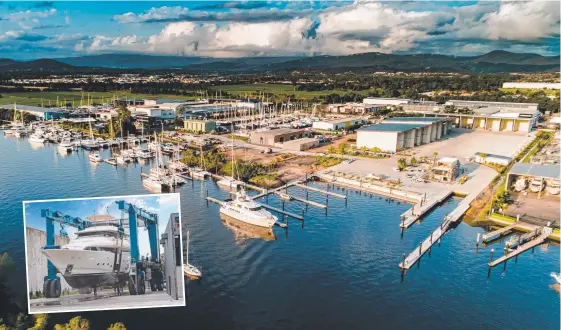  ??  ?? The Boat Works’ new $100 million superyacht marina at Coomera, which includes a 300 tonne boat hoist (inset), has been lauded by a visiting skipper.