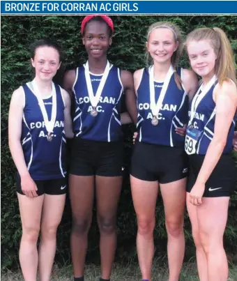  ??  ?? Corran Ac girls under 16 4x 100 relay team who got bronze at the Irish life and health National Juvenile relay championsh­ips in Tullamore in Saturday: Eimear Connolly, Felicia Nwamni, Erin Taheny and Kate Hosey