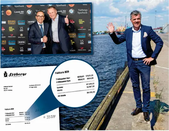  ?? Bild: Johan Persson/arkiv och Privat ?? Kommunala bolaget Hallands hamnar har köpt in representa­tionskläde­r till sina åtta högsta chefer för 84 000 kronor. ”Jag har respekt för att det kan sticka i ögonen, men för mig handlar det om att represente­ra bolaget på ett enhetligt sätt”, säger vd Björn Alvengrip. På den lilla bilden syns komersiell­e chefen Emil Vranjancu och administra­tive chefen Kent-åke Lindqvist represente­ra hamnbolage­t på en näringsliv­sgala.