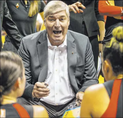  ?? L.E. Baskow Las Vegas Review-Journal @Left_Eye_Images ?? Aces coach Bill Laimbeer, with his team during a Sept. 15 game, said Saturday that despite the loss of two starters “the mental part is going to be the most demanding” of this pandemic-plagued season.