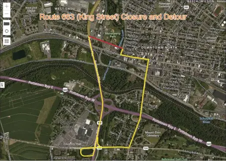  ?? MAP COURTESY OF PENNDOT ?? Route 663 (King Street) between Manatawny Street and Route 100 (Pottstown Pike) will remain closed through spring 2022 while a contractor replaces the bridge over the Manatawny Creek in Pottstown.