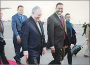  ?? EPA/Shuttersto­ck ?? TILLERSON is welcomed by Foreign Minister Workneh Gebeyehu, right, of Ethiopia, a key U.S. ally.