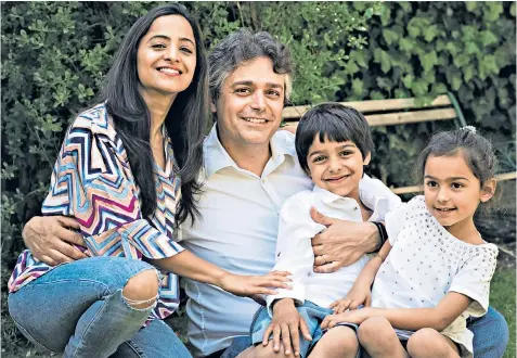  ??  ?? Dr Alessandro Giardini at home with his wife Priyanka and children Aarav, 7, and Maya, 5, and, above left, after coming off his ventilator